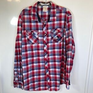 Disney Snap Button Down Long Sleeve Shirt Sz L Red White Blue Plaid Disneyland